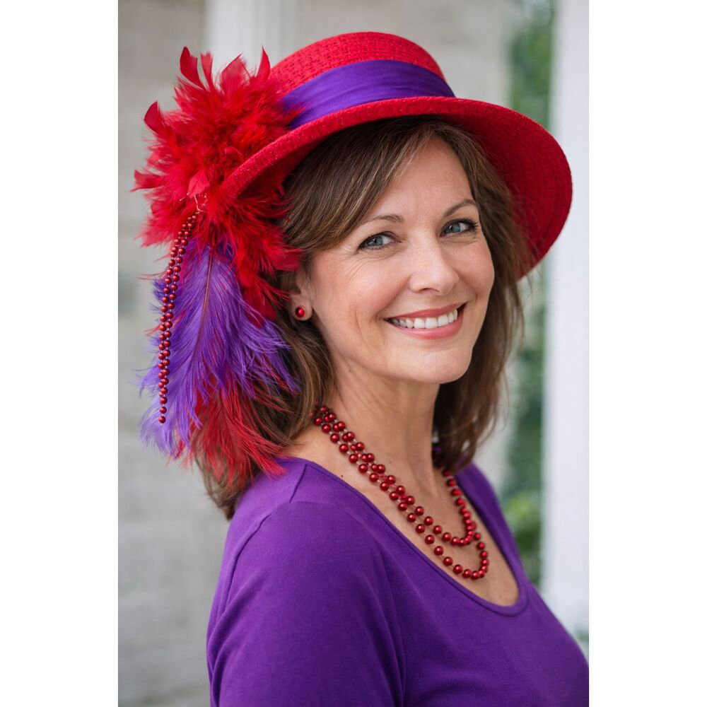 Red Hat Society Red & Purple Feather Boa Beaded Hair Barrette (Barrette Only)